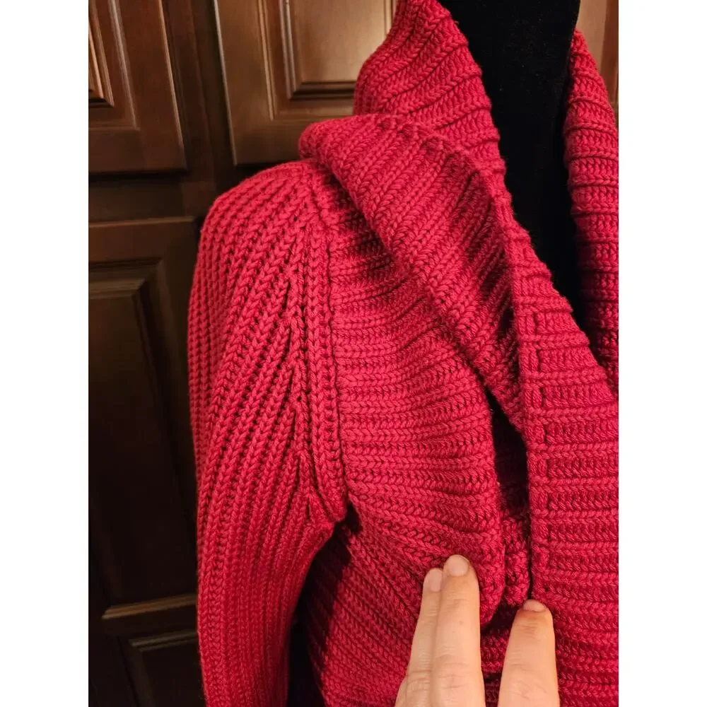 Eileen Fisher Raspberry Red Open-Front Ribbed Knit Cardigan - Picture 3 of 16